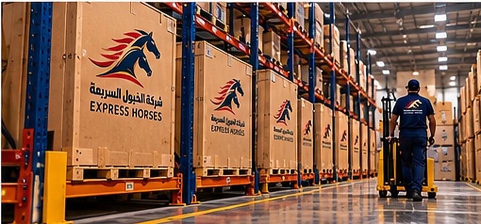 Storage aisle inside an Express Horses warehouse